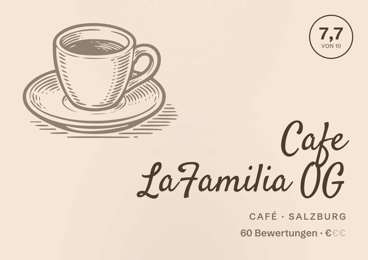 Illustriertes Poster von Cafe LaFamilia OG, Café in Salzburg: Bewertung 7,7 von 10 aus 60 Bewertungen, Preisniveau €
