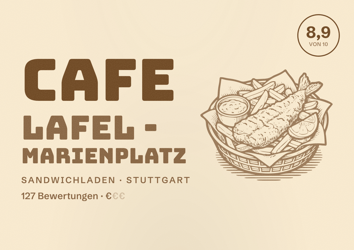 Illustriertes Poster von Cafe Lafel - Marienplatz, Sandwichladen in Stuttgart: Bewertung 8,9 von 10 aus 127 Bewertungen, Preisniveau €
