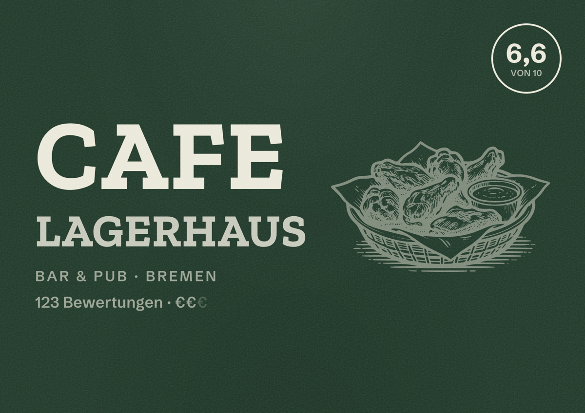Illustriertes Poster von Cafe Lagerhaus, Bar & Pub in Bremen: Bewertung 6,6 von 10 aus 123 Bewertungen, Preisniveau €€