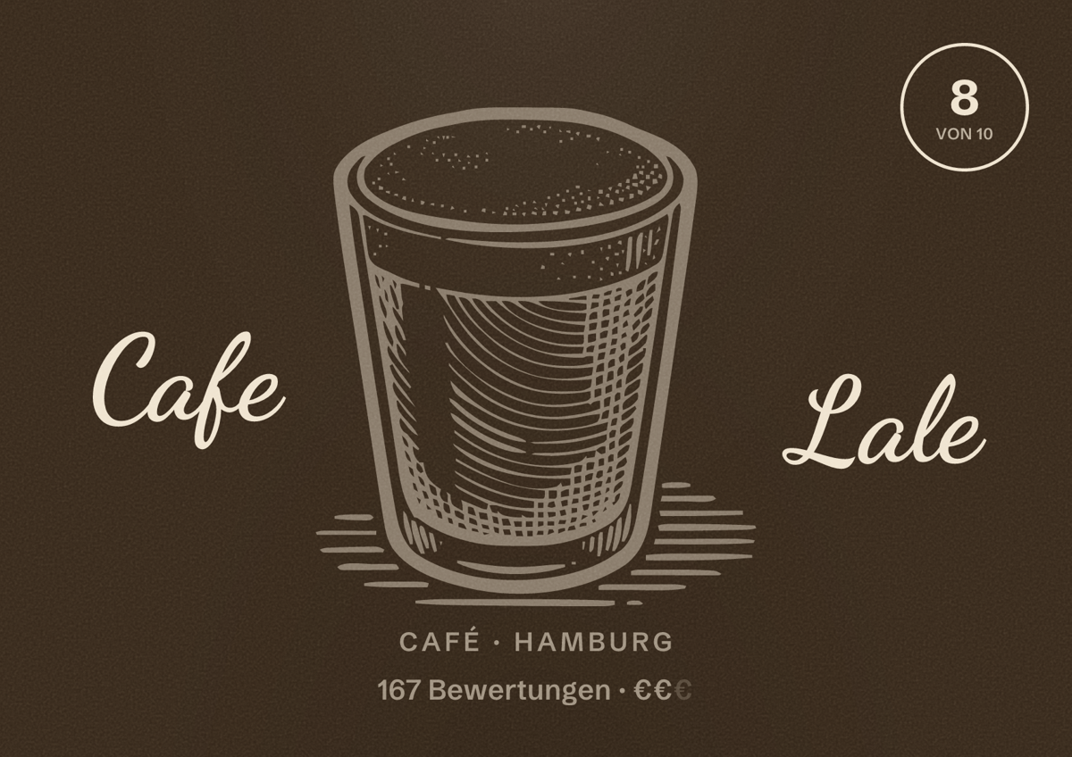 Illustriertes Poster von Cafe Lale, Café in Hamburg: Bewertung 8,0 von 10 aus 167 Bewertungen, Preisniveau €€