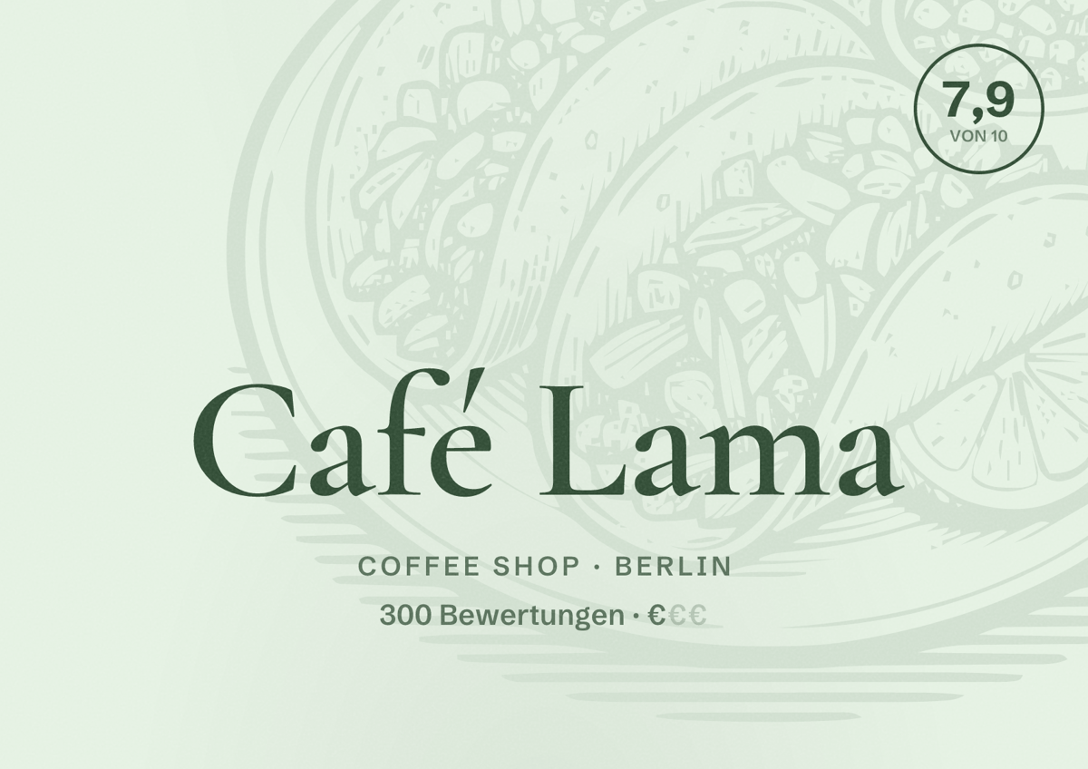 Illustriertes Poster von Café Lama, Coffee Shop in Berlin: Bewertung 7,9 von 10 aus 300 Bewertungen, Preisniveau €