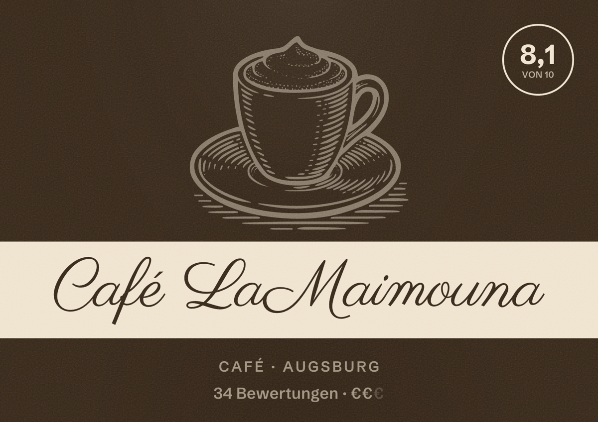 Illustriertes Poster von Café LaMaimouna, Café in Augsburg: Bewertung 8,1 von 10 aus 34 Bewertungen, Preisniveau €€