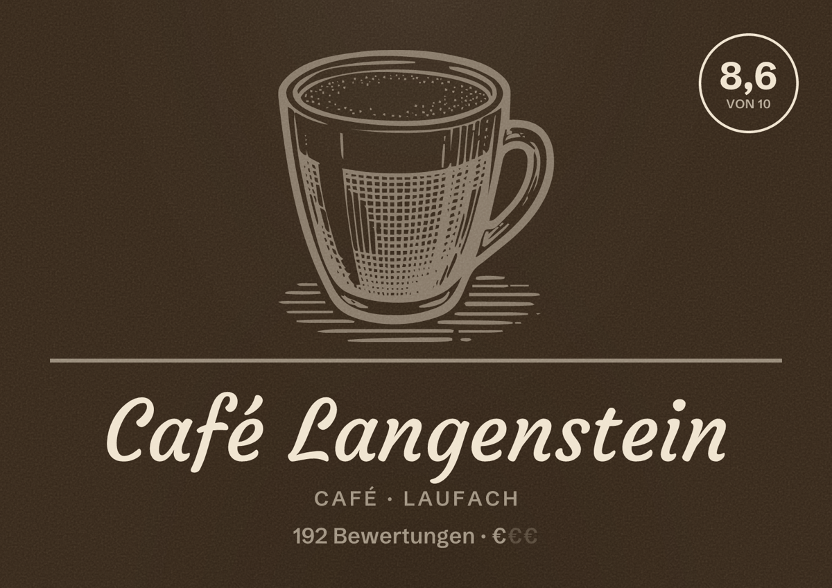 Illustriertes Poster von Café Langenstein, Café in Laufach: Bewertung 8,6 von 10 aus 192 Bewertungen, Preisniveau €