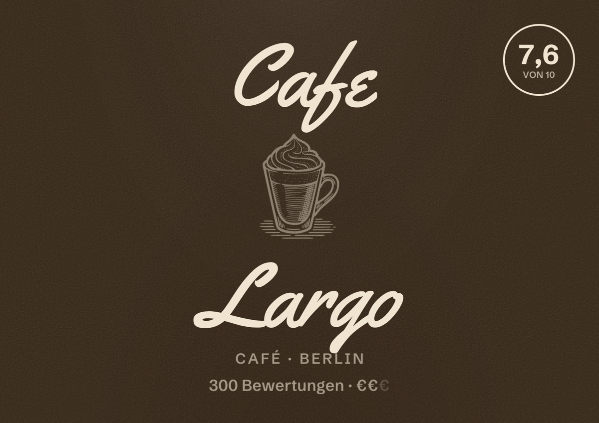 Illustriertes Poster von Cafe Largo, Café in Berlin: Bewertung 7,6 von 10 aus 300 Bewertungen, Preisniveau €€