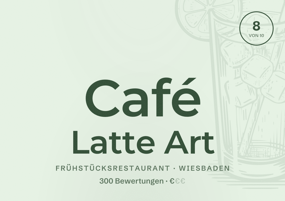 Illustriertes Poster von Café Latte Art, Frühstücksrestaurant in Wiesbaden: Bewertung 8,0 von 10 aus 300 Bewertungen, Preisniveau €