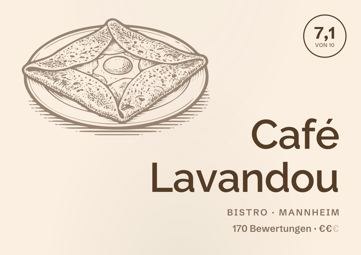 Illustriertes Poster von Café Lavandou, Bistro in Mannheim: Bewertung 7,1 von 10 aus 170 Bewertungen, Preisniveau €€