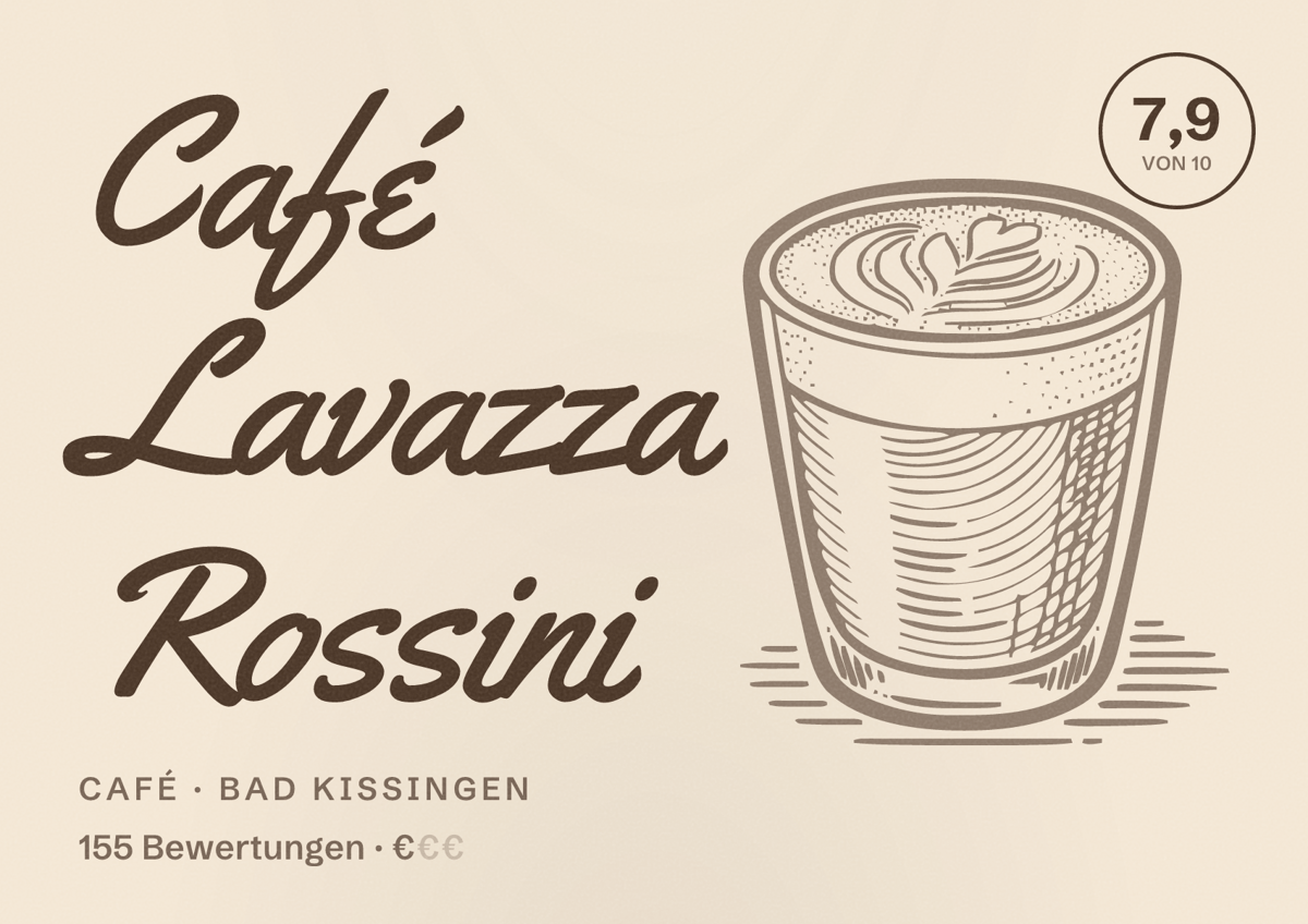 Illustriertes Poster von Café Lavazza Rossini, Café in Bad Kissingen: Bewertung 7,9 von 10 aus 155 Bewertungen, Preisniveau €