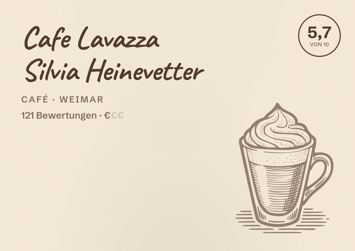 Illustriertes Poster von Cafe Lavazza Silvia Heinevetter, Café in Weimar: Bewertung 5,7 von 10 aus 121 Bewertungen, Preisniveau €