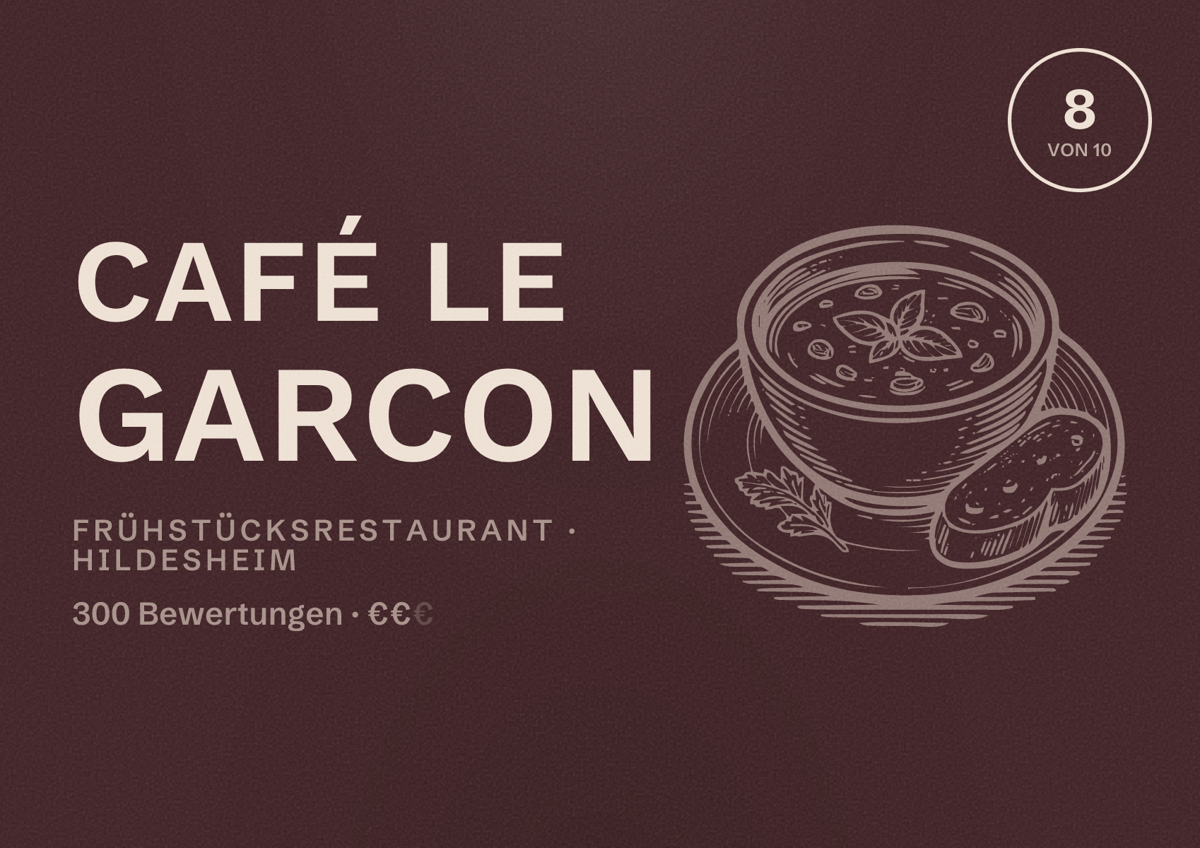 Illustriertes Poster von Café Le Garcon, Frühstücksrestaurant in Hildesheim: Bewertung 8 von 10 aus 300 Bewertungen, Preisniveau €€