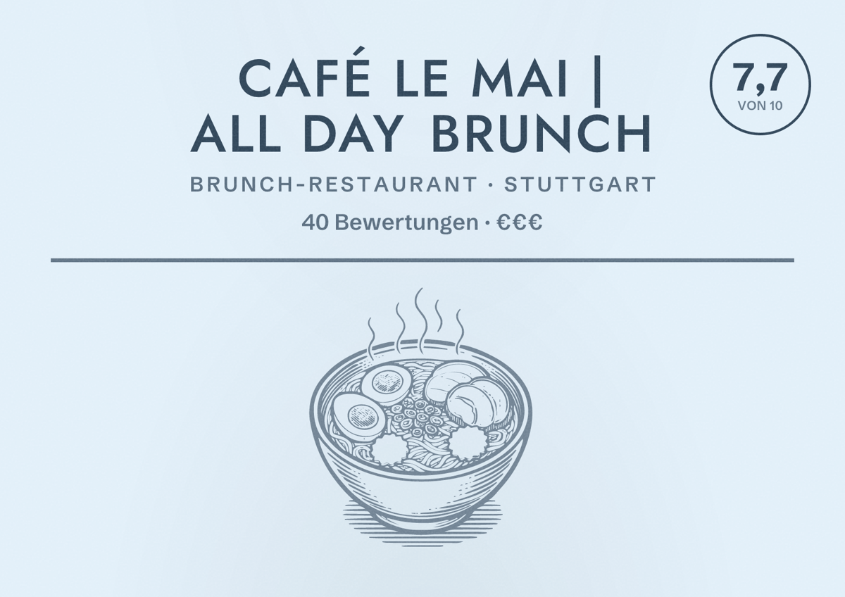 Illustriertes Poster von Café Le Mai | all day brunch, Brunch-Restaurant in Stuttgart: Bewertung 7,7 von 10 aus 40 Bewertungen, Preisniveau €€€