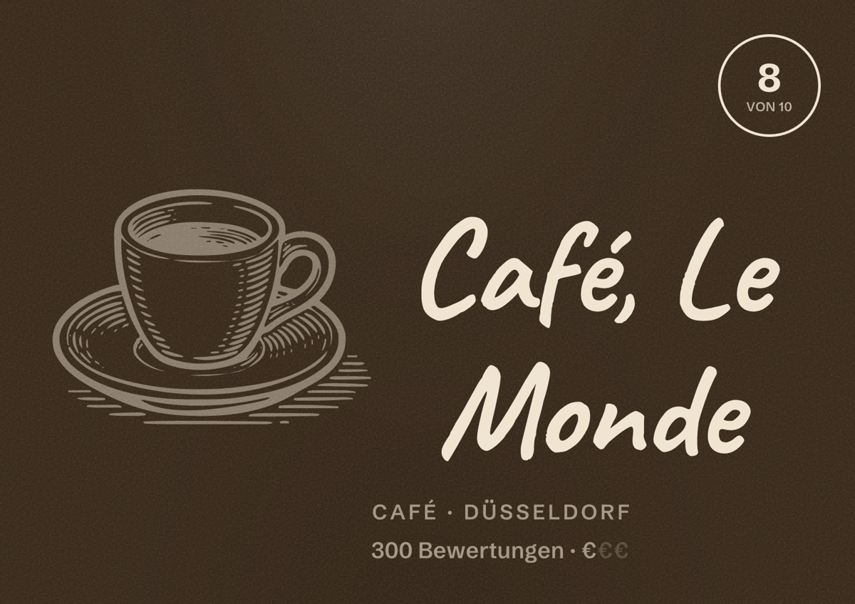 Illustriertes Poster von Café, Le Monde, Café in Düsseldorf: Bewertung 8,0 von 10 aus 300 Bewertungen, Preisniveau €