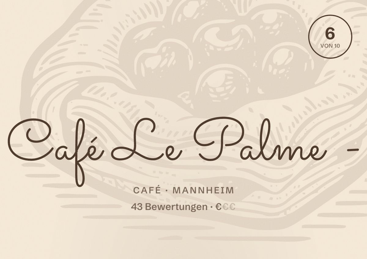 Illustriertes Poster von Café Le Palme -, Café in Mannheim: Bewertung 6 von 10 aus 43 Bewertungen, Preisniveau €