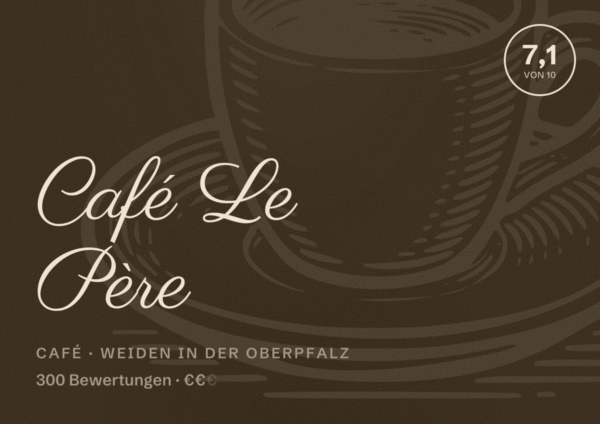 Illustriertes Poster von Café Le Père, Café in Weiden in der Oberpfalz: Bewertung 7,1 von 10 aus 300 Bewertungen, Preisniveau €€