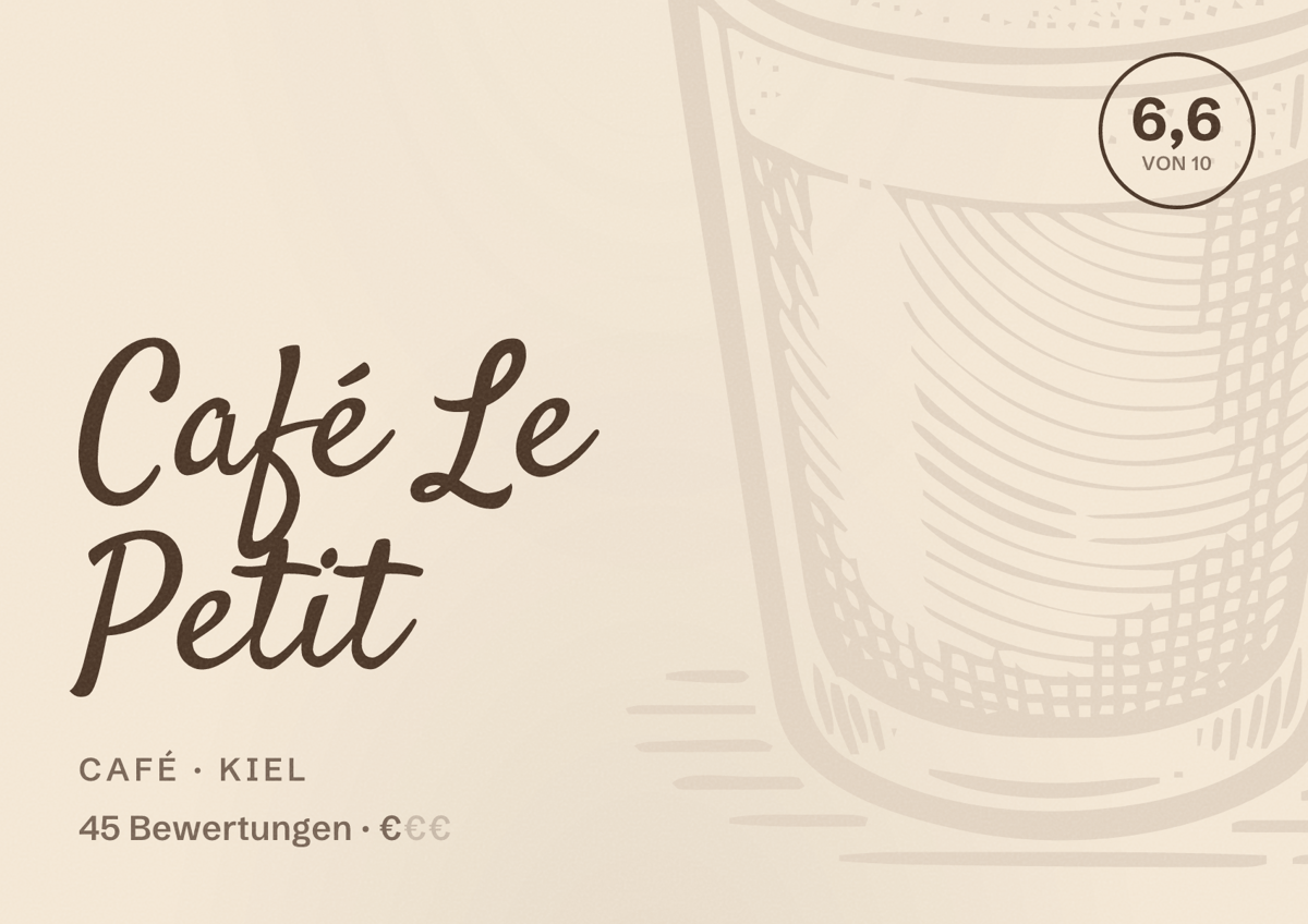 Illustriertes Poster von Café Le Petit, Café in Kiel: Bewertung 6,6 von 10 aus 45 Bewertungen, Preisniveau €
