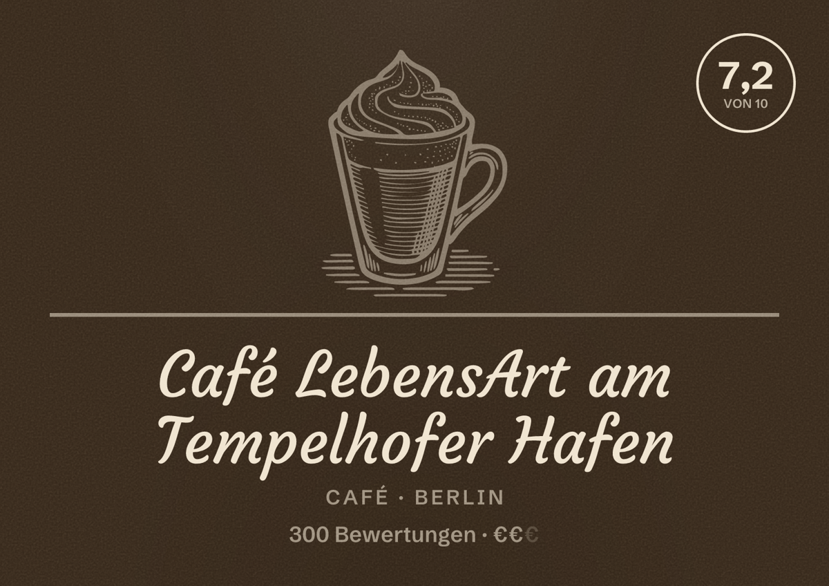 Illustriertes Poster von Café LebensArt am Tempelhofer Hafen, Café in Berlin: Bewertung 7,2 von 10 aus 300 Bewertungen, Preisniveau €€