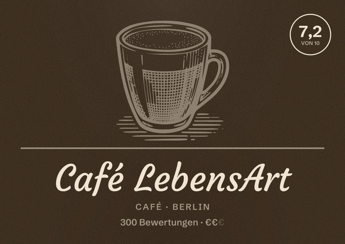 Illustriertes Poster von Café LebensArt, Café in Berlin: Bewertung 7,2 von 10 aus 300 Bewertungen, Preisniveau €€