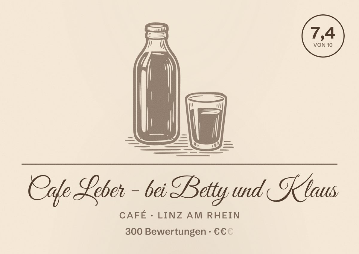 Illustriertes Poster von Cafe Leber - bei Betty und Klaus, Café in Linz am Rhein: Bewertung 7,4 von 10 aus 300 Bewertungen, Preisniveau €€