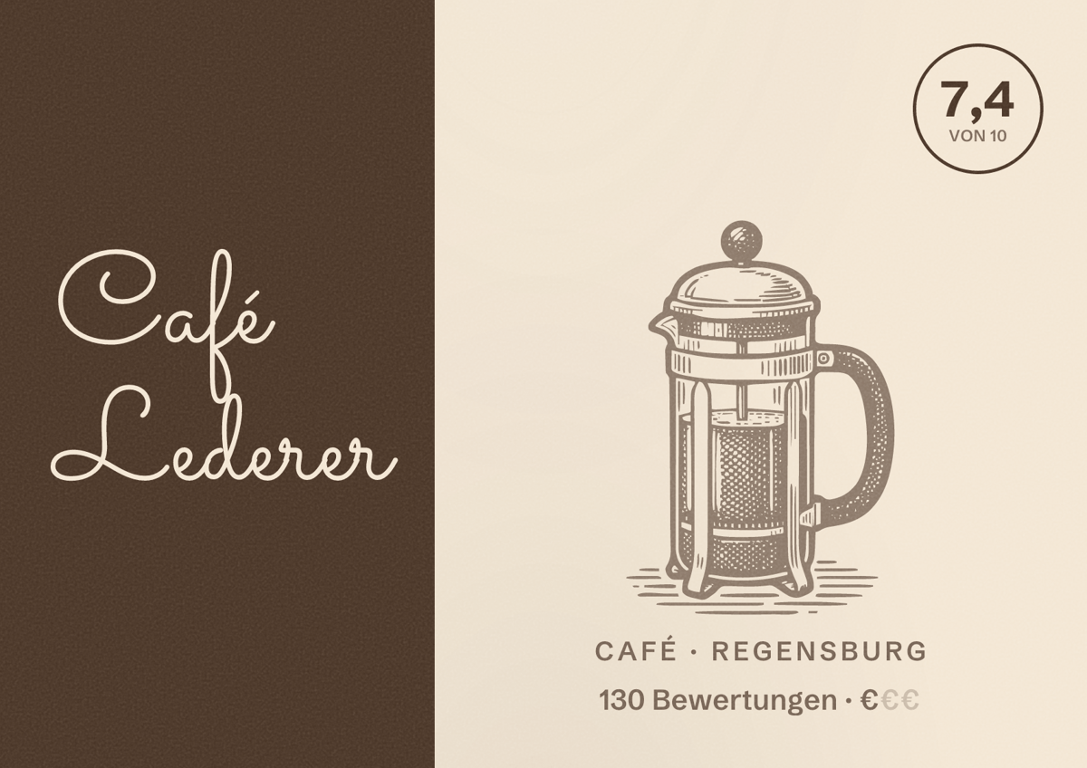 Illustriertes Poster von Café Lederer, Café in Regensburg: Bewertung 7,4 von 10 aus 130 Bewertungen, Preisniveau €