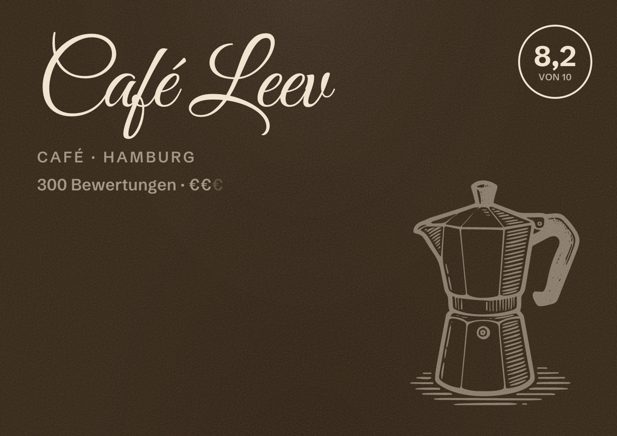 Illustriertes Poster von Café Leev, Café in Hamburg: Bewertung 8,2 von 10 aus 300 Bewertungen, Preisniveau €€