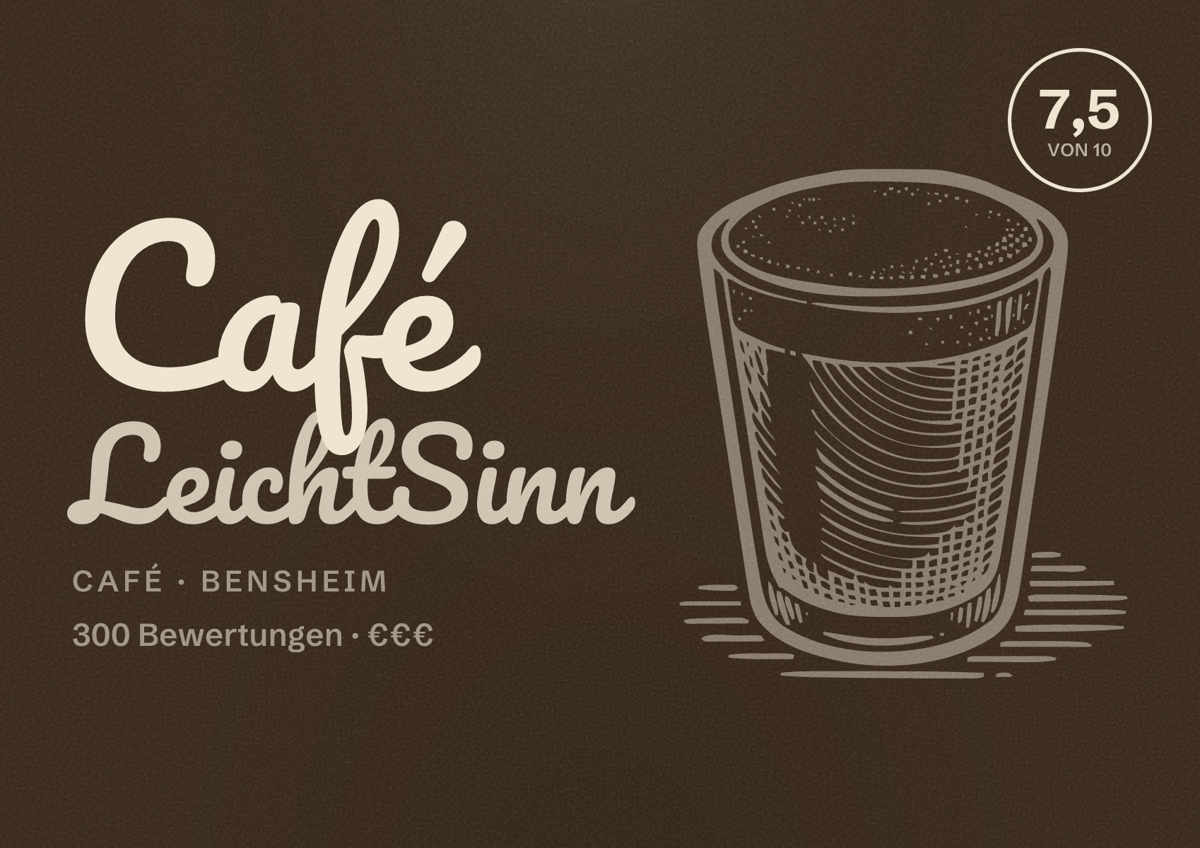 Illustriertes Poster von Café LeichtSinn, Café in Bensheim: Bewertung 7,5 von 10 aus 300 Bewertungen, Preisniveau €€€