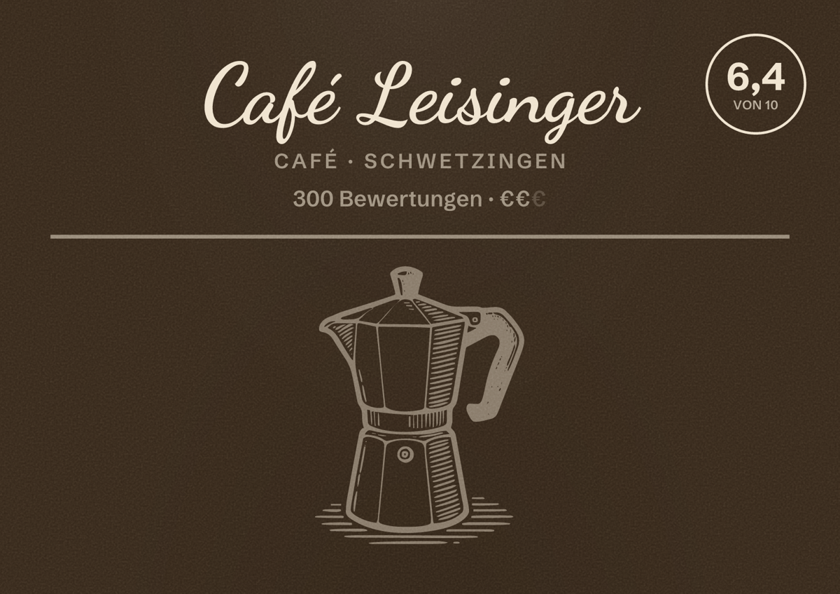 Illustriertes Poster von Café Leisinger, Café in Schwetzingen: Bewertung 6,4 von 10 aus 300 Bewertungen, Preisniveau €€