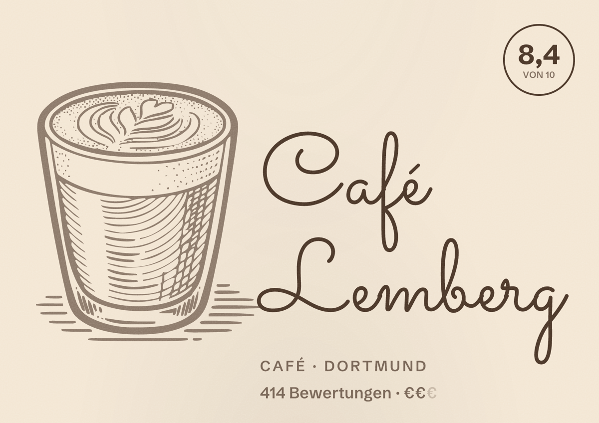 Illustriertes Poster von Café Lemberg, Café in Dortmund: Bewertung 8,4 von 10 aus 414 Bewertungen, Preisniveau €€