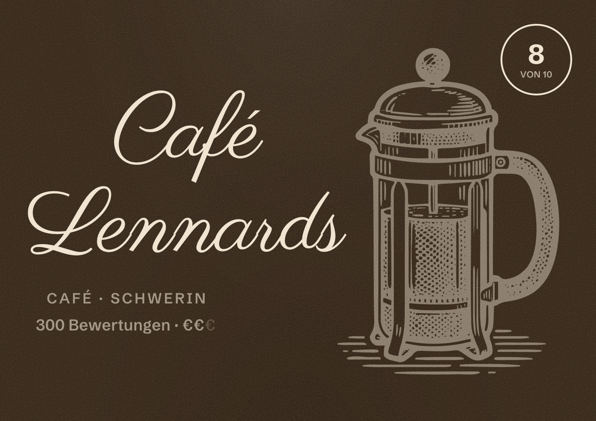 Illustriertes Poster von Café Lennards, Café in Schwerin: Bewertung 8 von 10 aus 300 Bewertungen, Preisniveau €€