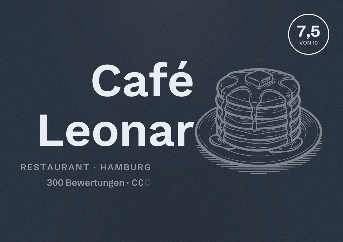 Illustriertes Poster von Café Leonar, Restaurant in Hamburg: Bewertung 7,5 von 10 aus 300 Bewertungen, Preisniveau €€