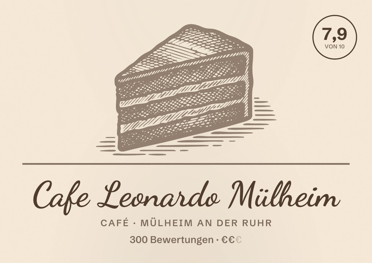 Illustriertes Poster von Cafe Leonardo Mülheim, Café in Mülheim an der Ruhr: Bewertung 7,9 von 10 aus 300 Bewertungen, Preisniveau €€