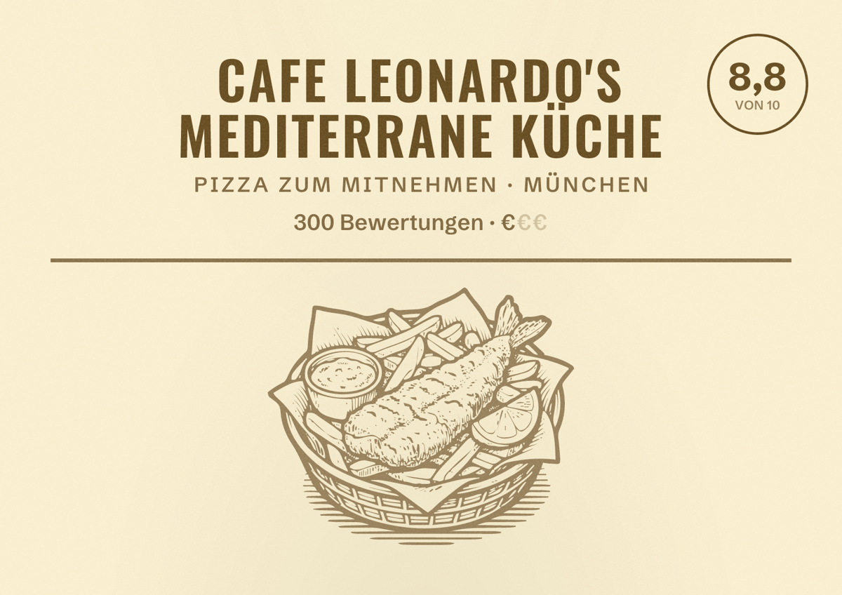 Illustriertes Poster von Cafe Leonardo's Mediterrane Küche, Pizza zum Mitnehmen in München: Bewertung 8,8 von 10 aus 300 Bewertungen, Preisniveau €