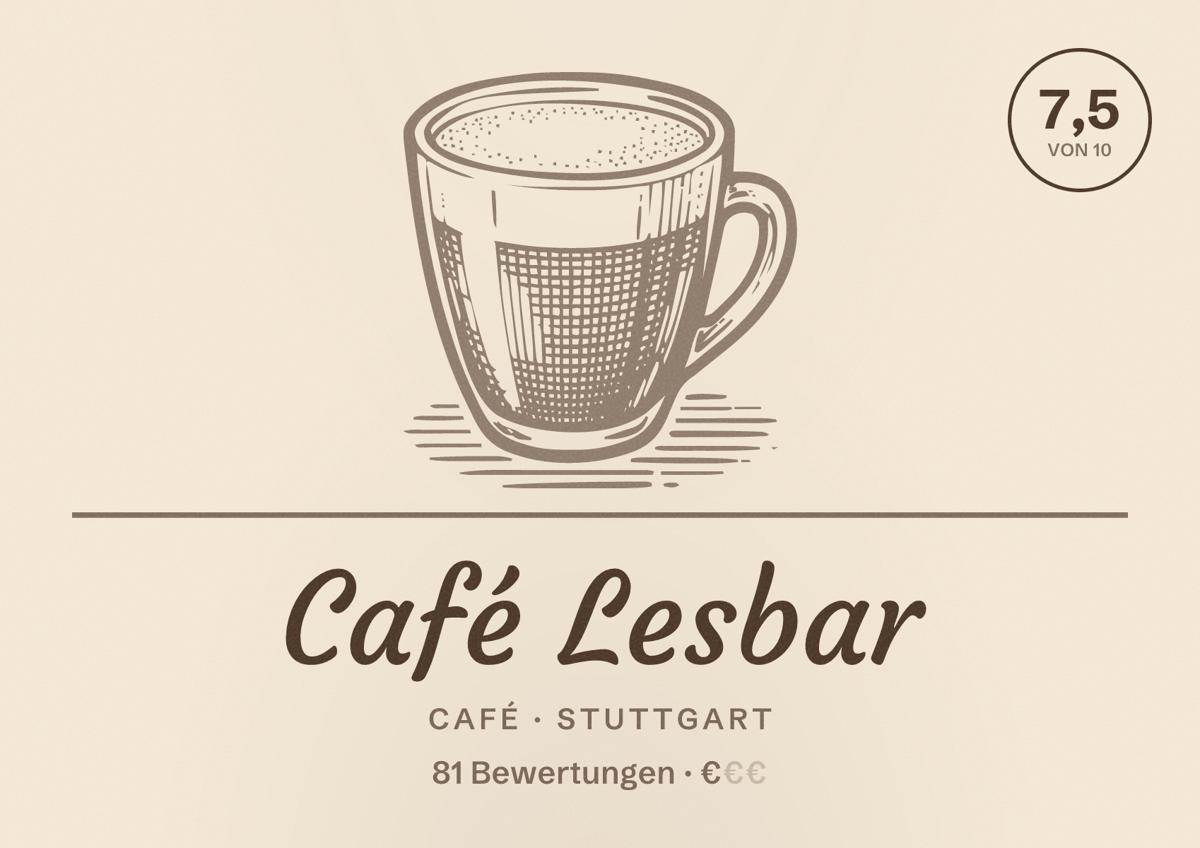 Illustriertes Poster von Café Lesbar, Café in Stuttgart: Bewertung 7,5 von 10 aus 81 Bewertungen, Preisniveau €