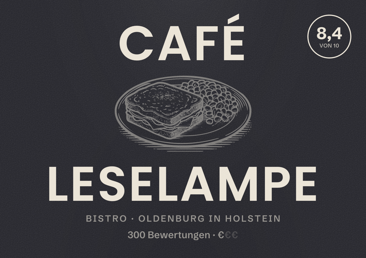 Illustriertes Poster von Café Leselampe, Bistro in Oldenburg in Holstein: Bewertung 8,4 von 10 aus 300 Bewertungen, Preisniveau €