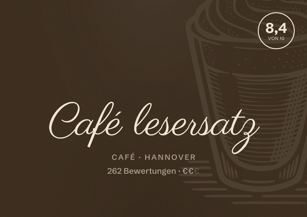Illustriertes Poster von Café lesersatz, Café in Hannover: Bewertung 8,4 von 10 aus 262 Bewertungen, Preisniveau €€
