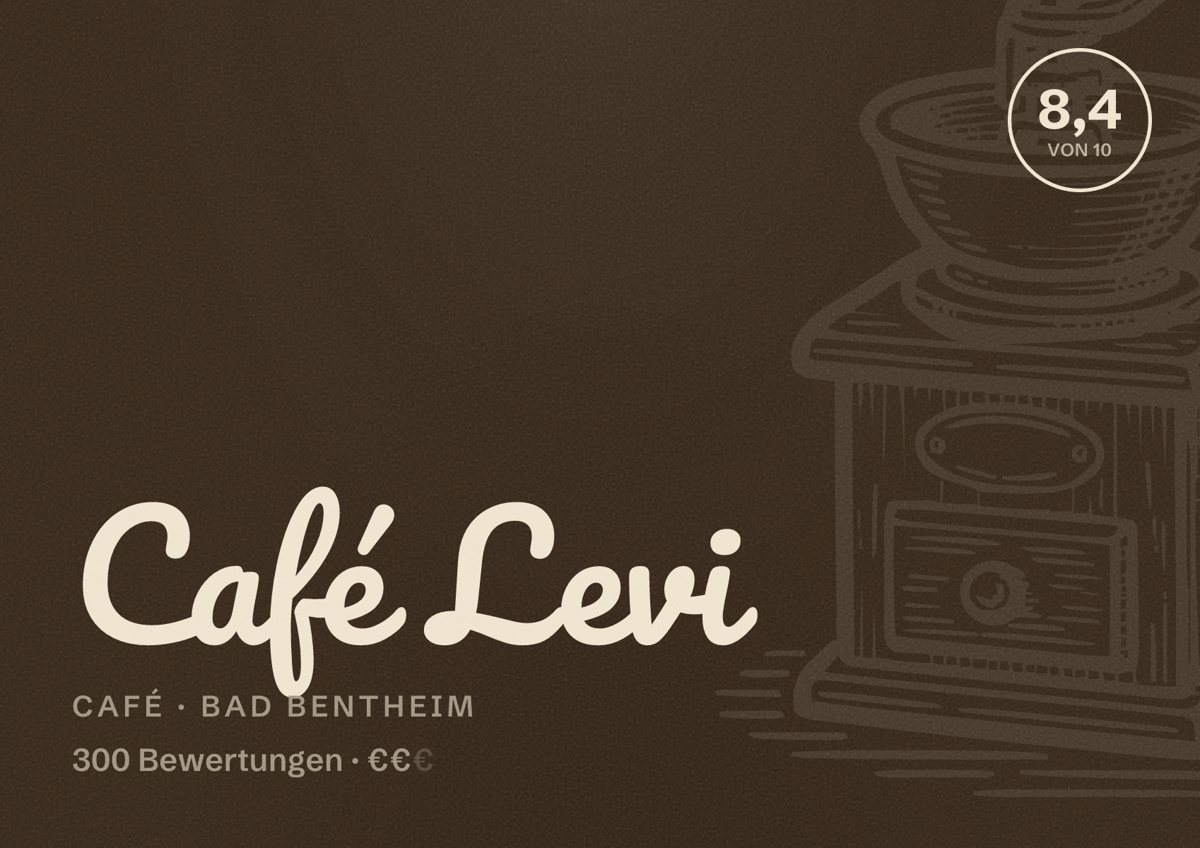 Illustriertes Poster von Café Levi, Café in Bad Bentheim: Bewertung 8,4 von 10 aus 300 Bewertungen, Preisniveau €€