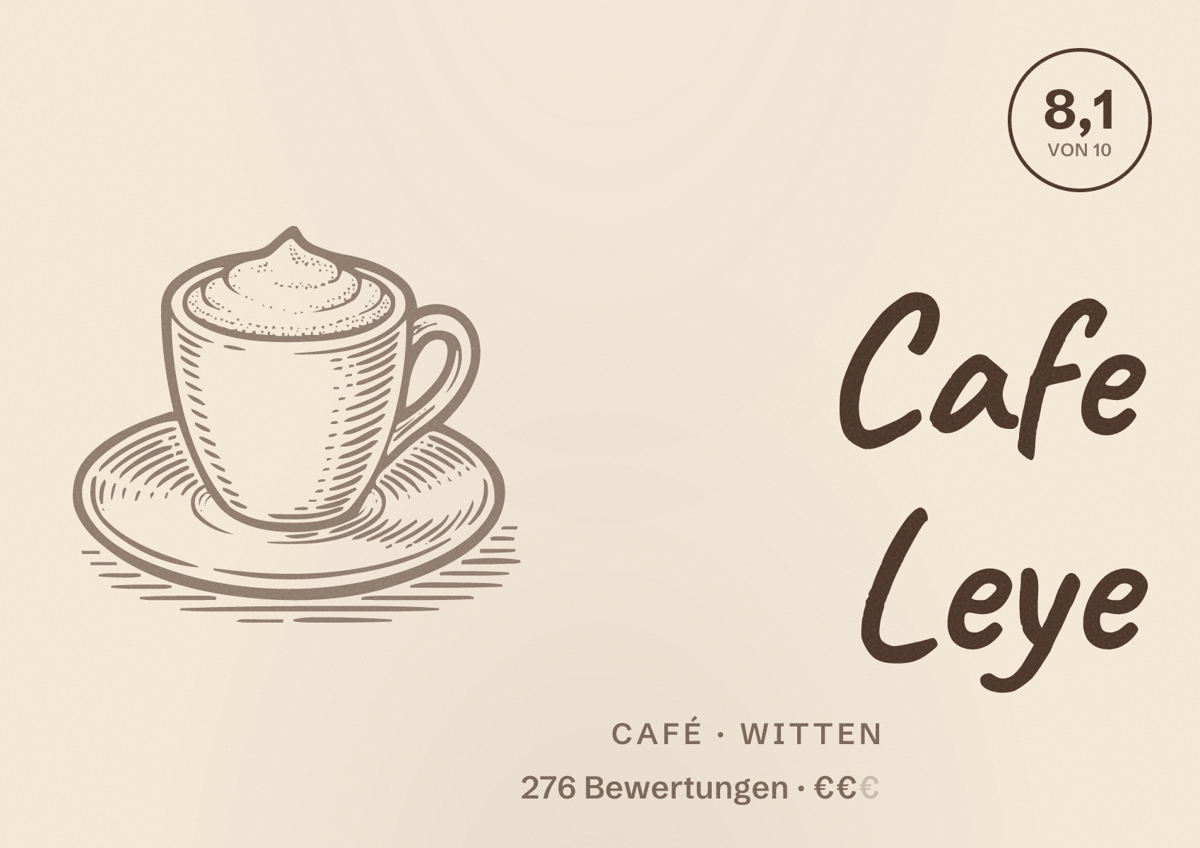 Illustriertes Poster von Cafe Leye, Café in Witten: Bewertung 8,1 von 10 aus 276 Bewertungen, Preisniveau €€