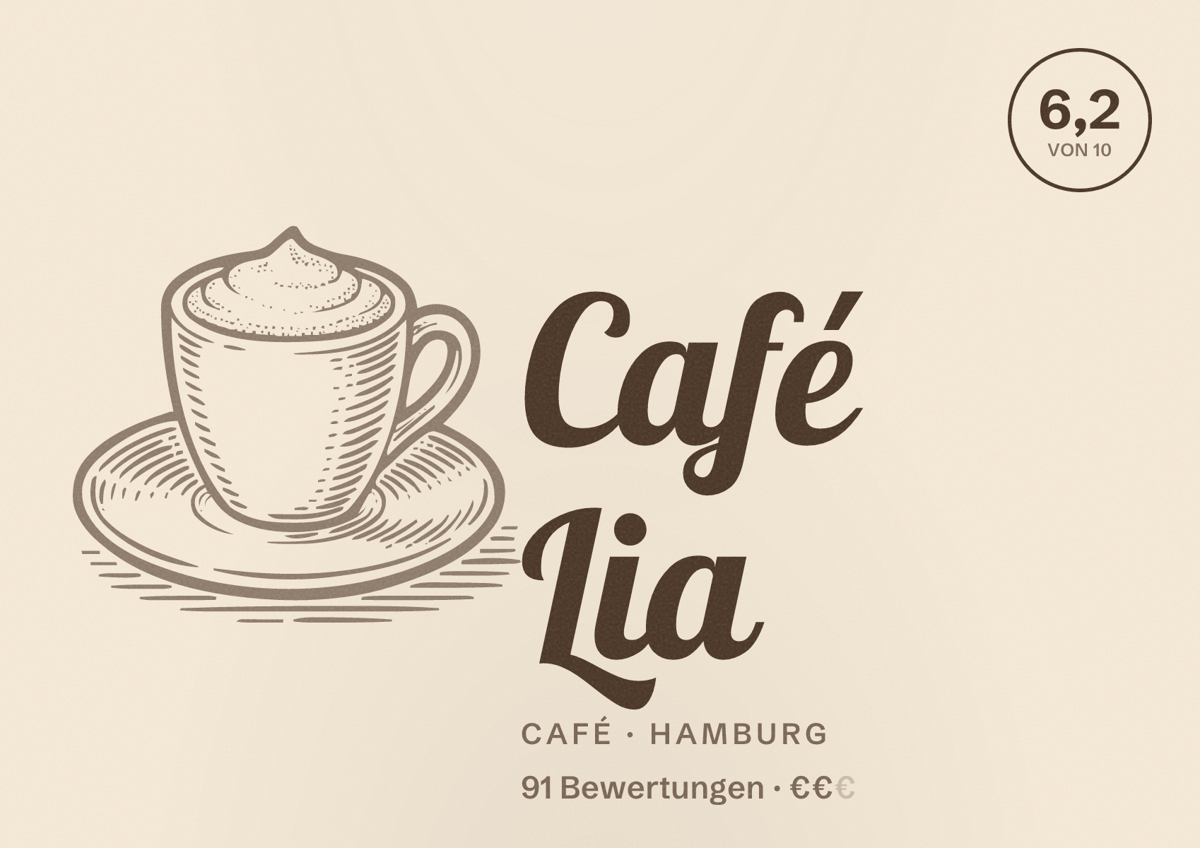 Illustriertes Poster von Café Lia, Café in Hamburg: Bewertung 6,2 von 10 aus 91 Bewertungen, Preisniveau €€