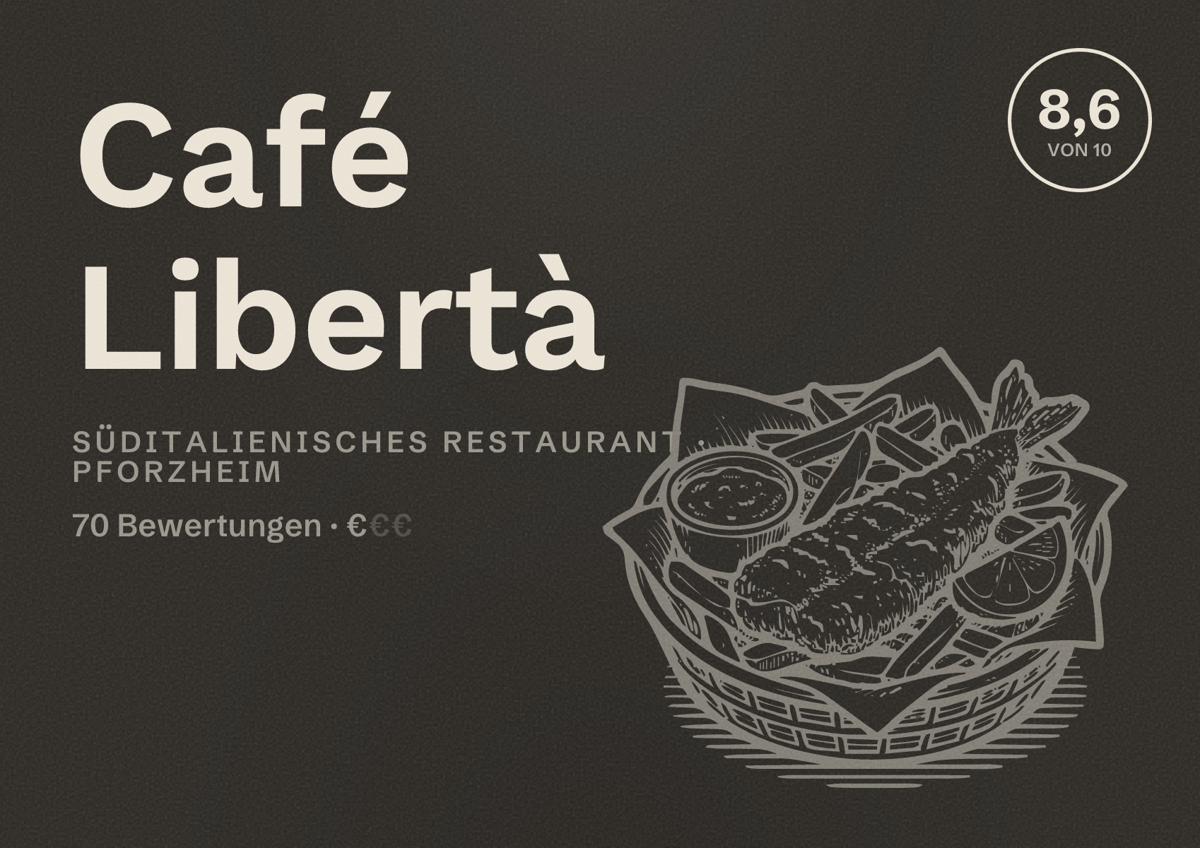 Illustriertes Poster von Café Libertà, Süditalienisches Restaurant in Pforzheim: Bewertung 8,6 von 10 aus 70 Bewertungen, Preisniveau €