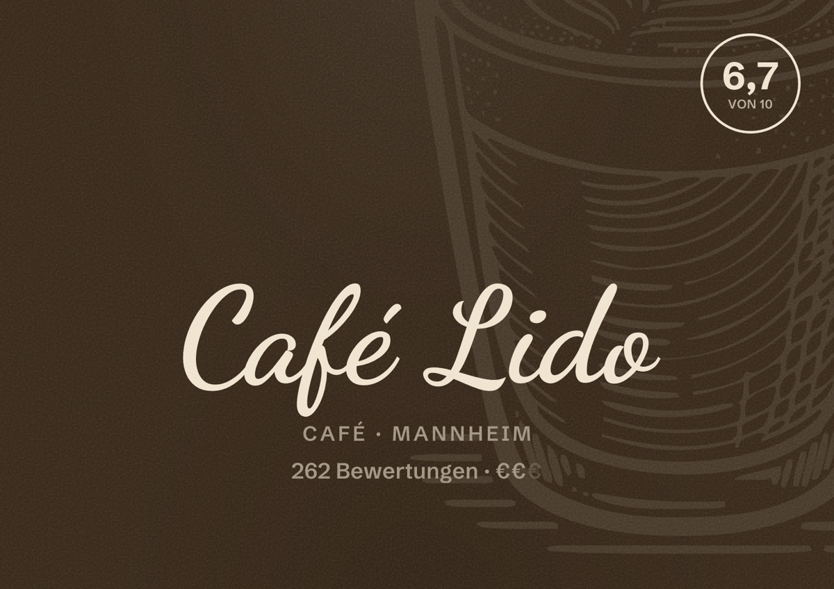 Illustriertes Poster von Café Lido, Café in Mannheim: Bewertung 6,7 von 10 aus 262 Bewertungen, Preisniveau €€