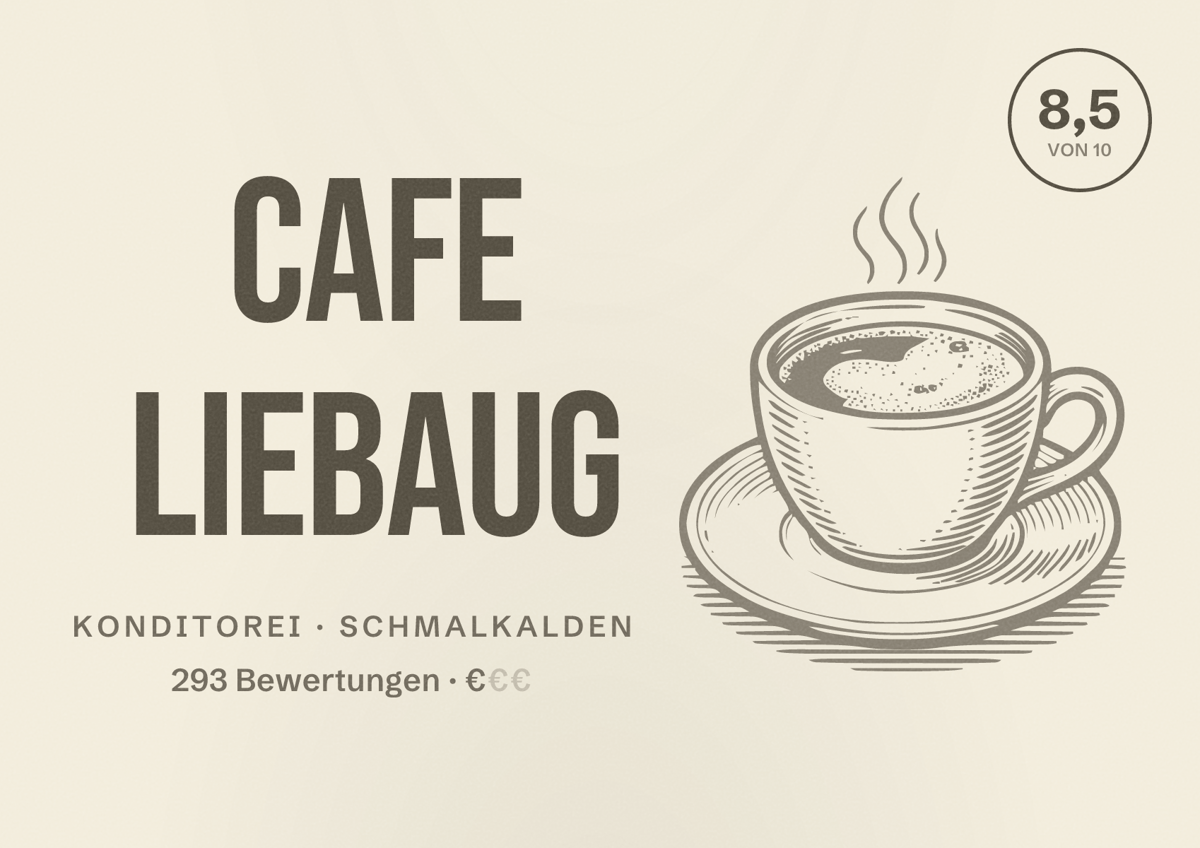 Illustriertes Poster von Cafe Liebaug, Konditorei in Schmalkalden: Bewertung 8,5 von 10 aus 293 Bewertungen, Preisniveau €