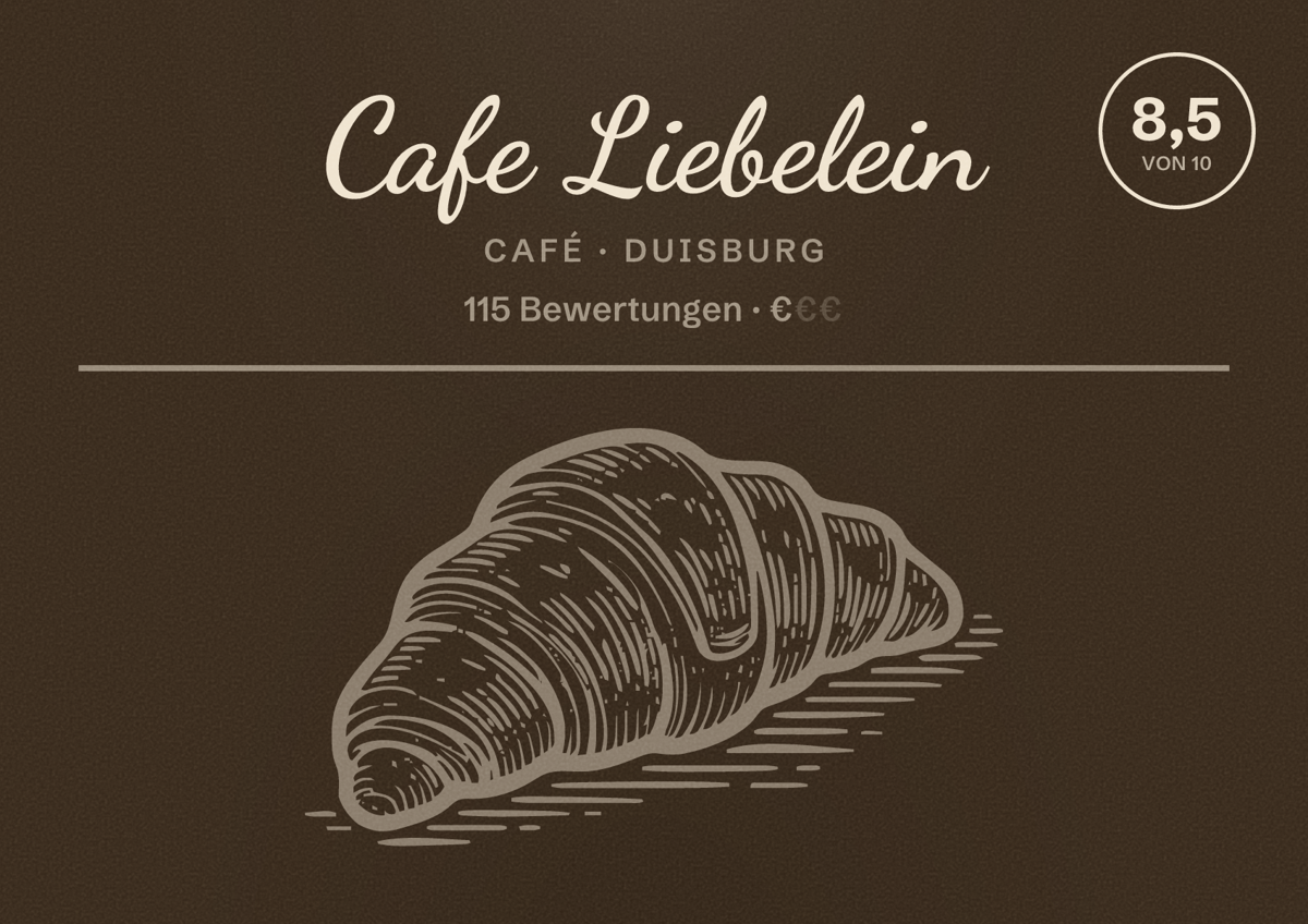 Illustriertes Poster von Cafe Liebelein, Café in Duisburg: Gästebewertung 8,5 von 10 aus 115 Bewertungen