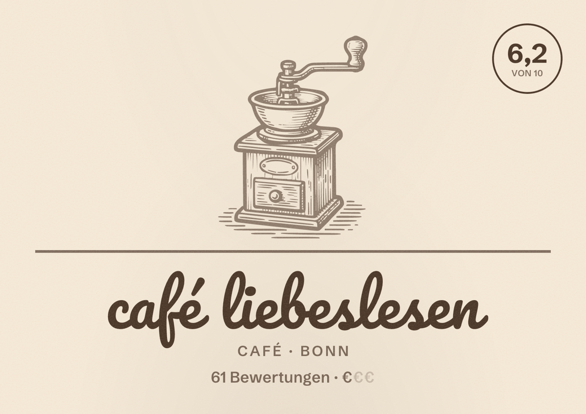 Illustriertes Poster von café liebeslesen, Café in Bonn: Bewertung 6,2 von 10 aus 61 Bewertungen, Preisniveau €