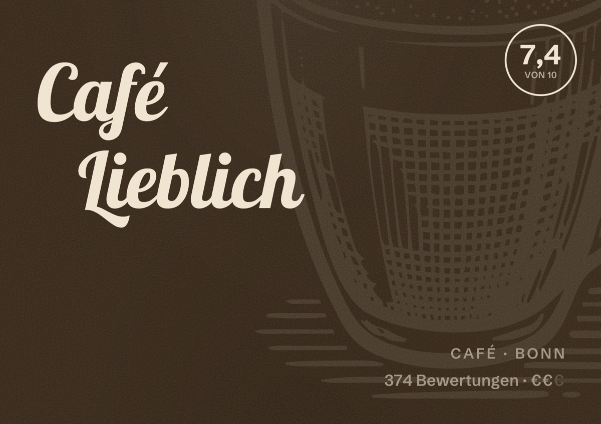 Illustriertes Poster von Café Lieblich, Café in Bonn: Bewertung 7,4 von 10 aus 374 Bewertungen, Preisniveau €€