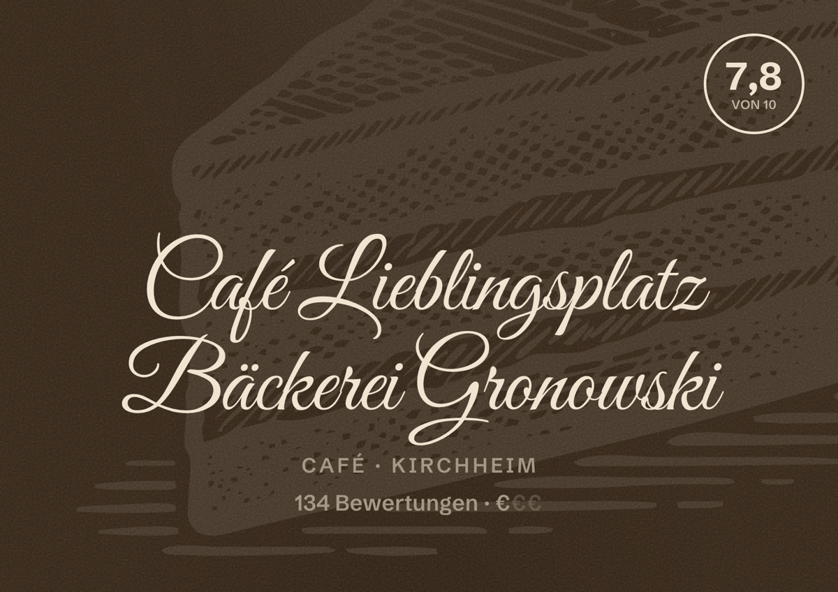 Illustriertes Poster von Café Lieblingsplatz Bäckerei Gronowski, Café in Kirchheim: Bewertung 7,8 von 10 aus 134 Bewertungen, Preisniveau €