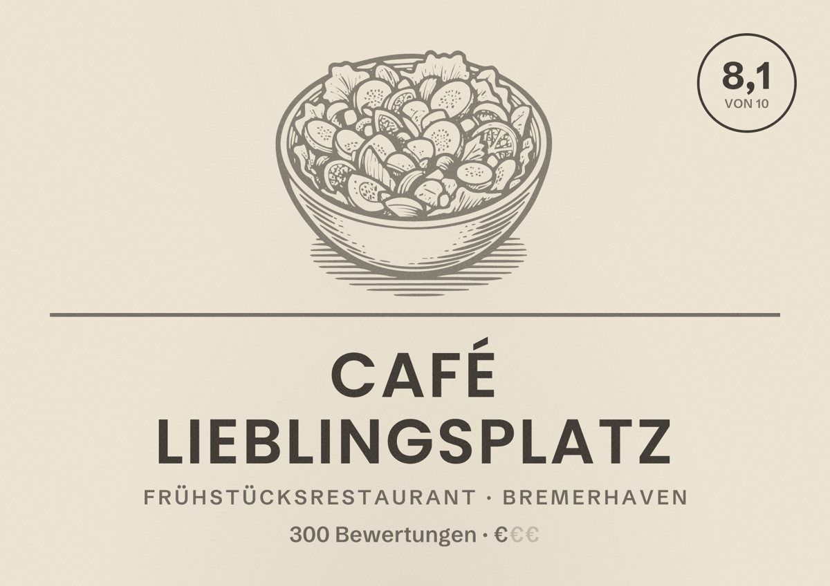 Illustriertes Poster von Café Lieblingsplatz, Frühstücksrestaurant in Bremerhaven: Bewertung 8,1 von 10 aus 300 Bewertungen, Preisniveau €