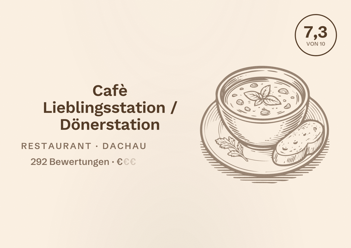 Illustriertes Poster von Cafè Lieblingsstation / Dönerstation, Restaurant in Dachau: Bewertung 7,3 von 10 aus 292 Bewertungen, Preisniveau €