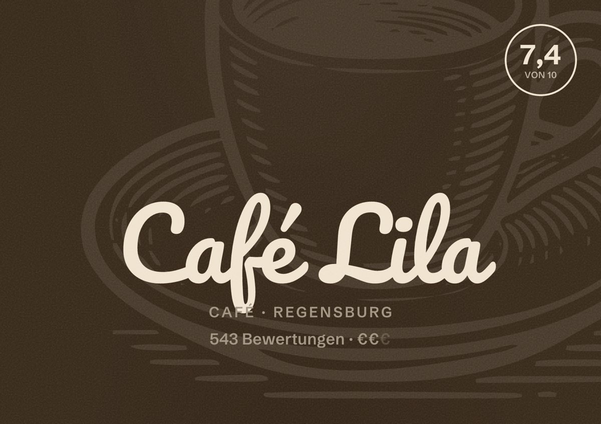 Illustriertes Poster von Café Lila, Café in Regensburg: Bewertung 7,4 von 10 aus 543 Bewertungen, Preisniveau €€
