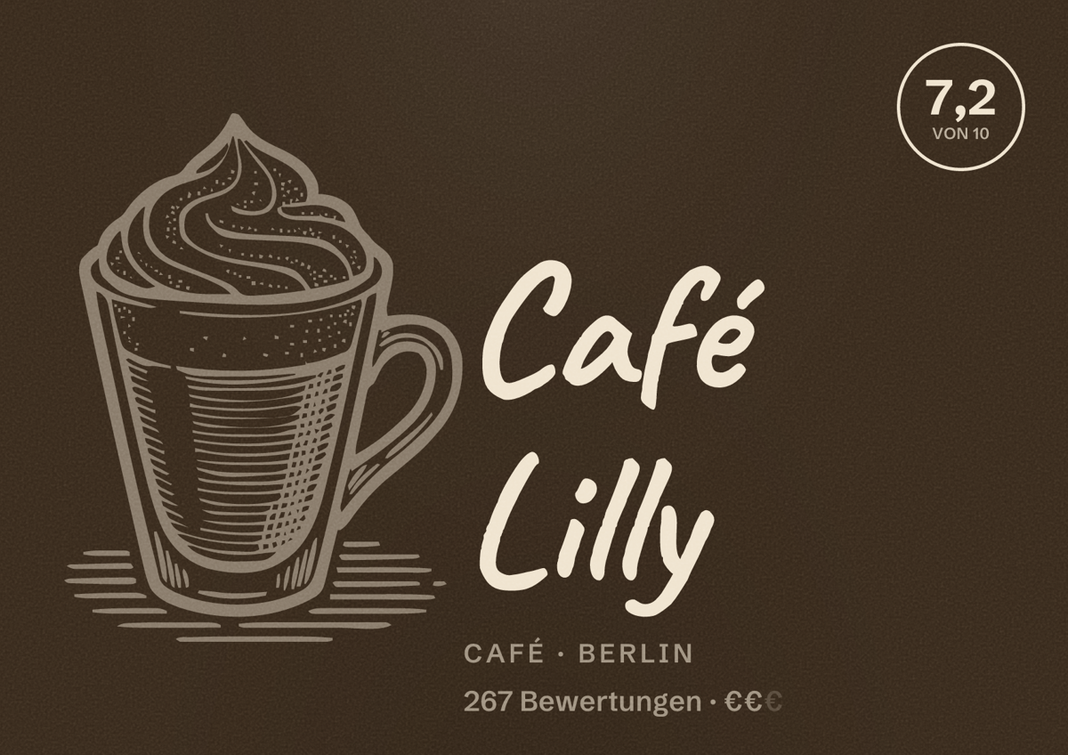 Illustriertes Poster von Café Lilly, Café in Berlin: Bewertung 7,2 von 10 aus 267 Bewertungen, Preisniveau €€