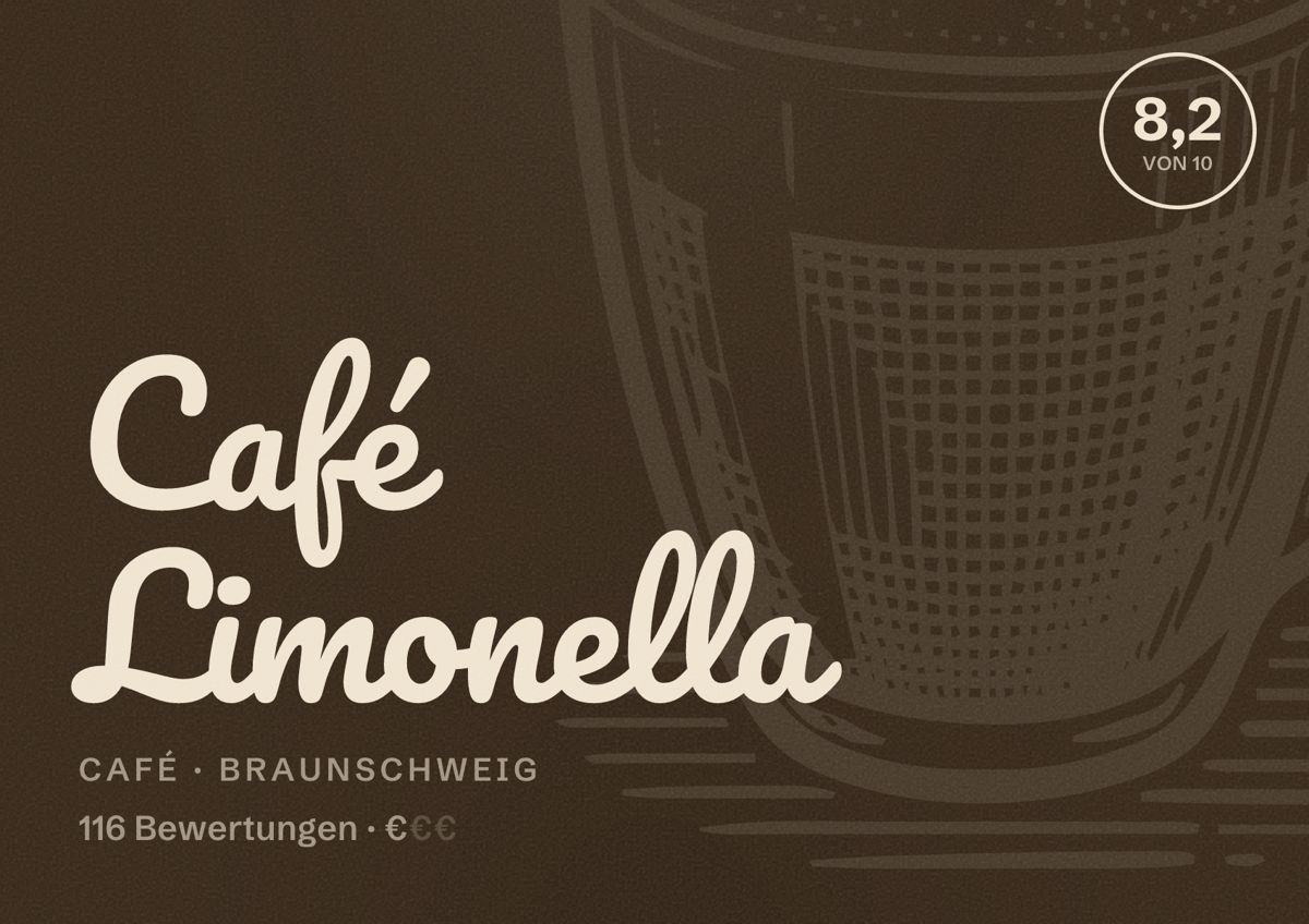 Illustriertes Poster von Café Limonella, Café in Braunschweig: Bewertung 8,2 von 10 aus 116 Bewertungen, Preisniveau €