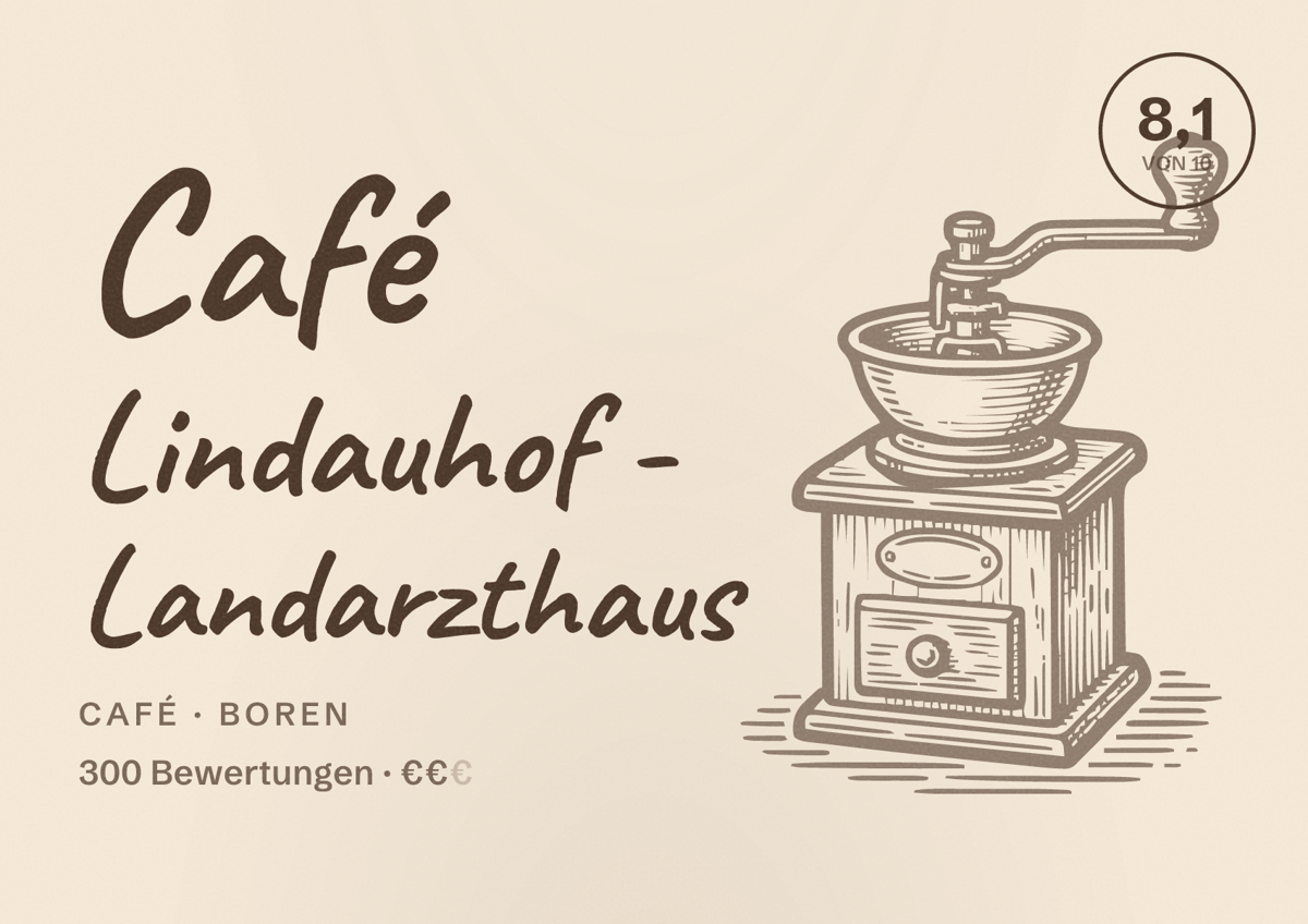 Illustriertes Poster von Café Lindauhof - Landarzthaus, Café in Boren: Bewertung 8,1 von 10 aus 300 Bewertungen, Preisniveau €€