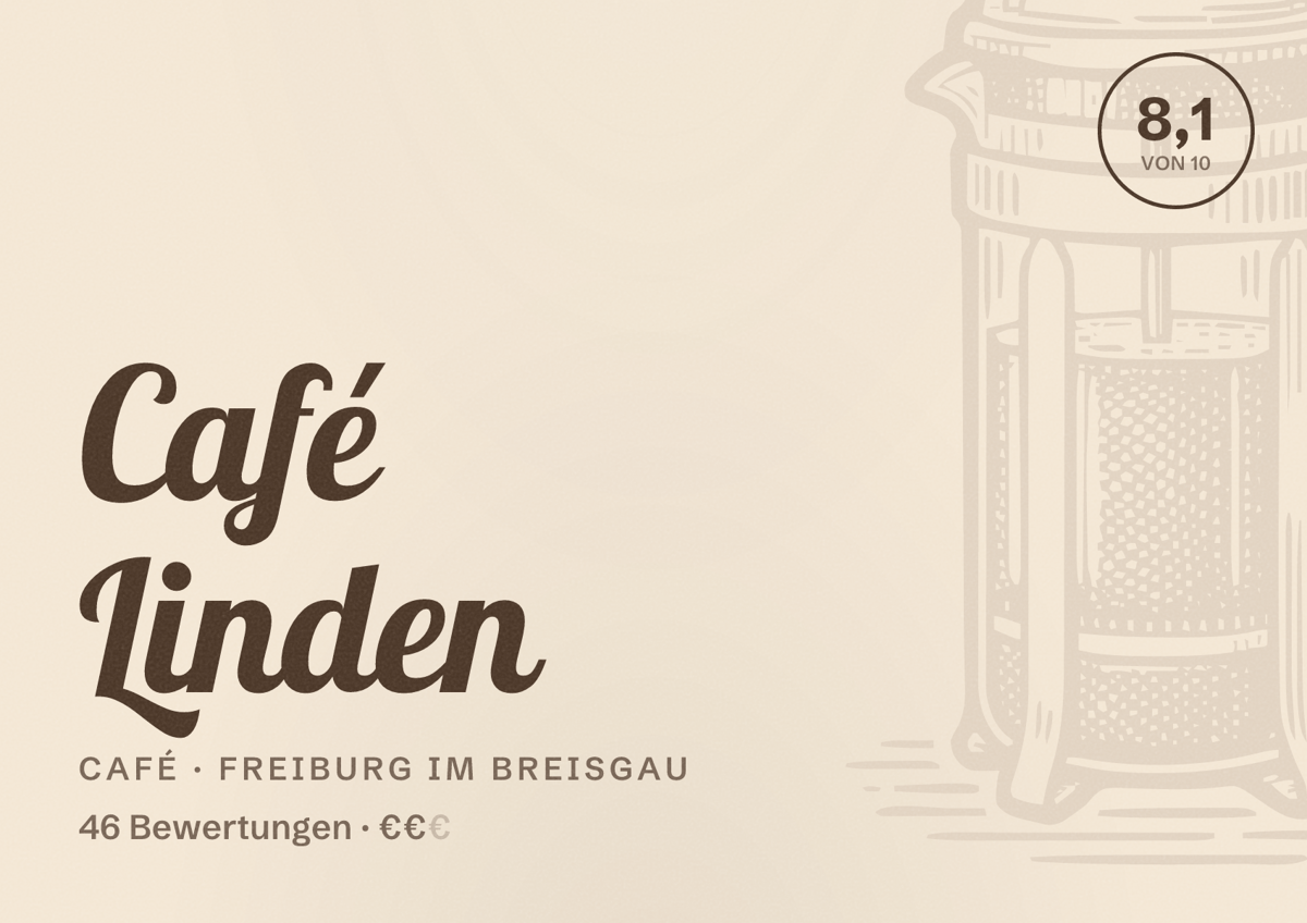 Illustriertes Poster von Café Linden, Café in Freiburg im Breisgau: Bewertung 8,1 von 10 aus 46 Bewertungen, Preisniveau €€